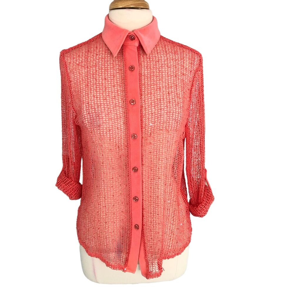 Picadilly Fashions Open Crochet Blouse Button Front Roll Tab Sleeves Size SP